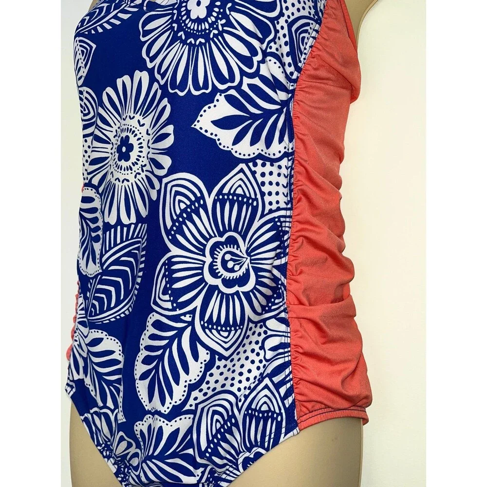 Cleanwater Blue & White Floral One-Piece Swimsuit ~ Size L